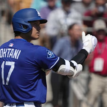 Mar 11, 2025; Phoenix, Arizona, USA; Los Angeles Dodgers player Shohei Ohtani (17) asks for a pitch challenge against the Cleveland Guardians in the first inning at Camelback Ranch-Glendale. Mandatory Credit: Rick Scuteri-Imagn Images