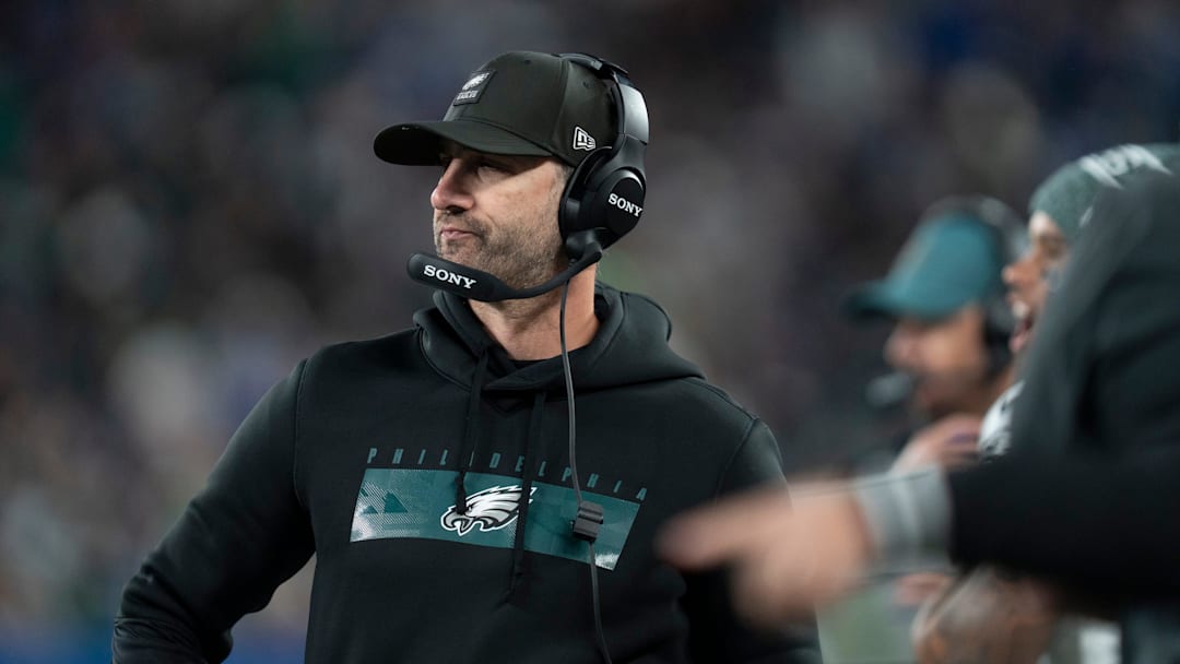 Philadelphia Eagles head coach Nick Sirianni coaches from the sidelines during a Thursday Night Football game between the New York Giants and the Philadelphia Eagles at MetLife Stadium in East Rutherford on Oct. 9, 2025.