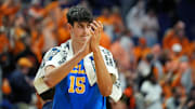 Mar 22, 2025; Lexington, KY, USA; UCLA Bruins center Aday Mara (15) reacts after the game against the Tennessee Volunteers in the second round of the NCAA Tournament at Rupp Arena. Mandatory Credit: Aaron Doster-Imagn Images