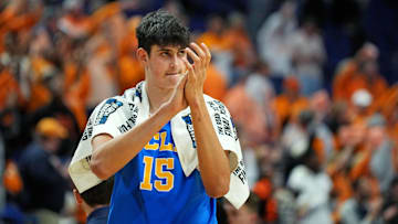 Mar 22, 2025; Lexington, KY, USA; UCLA Bruins center Aday Mara (15) reacts after the game against the Tennessee Volunteers in the second round of the NCAA Tournament at Rupp Arena. Mandatory Credit: Aaron Doster-Imagn Images