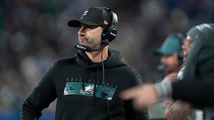Philadelphia Eagles head coach Nick Sirianni coaches from the sidelines during a Thursday Night Football game between the New York Giants and the Philadelphia Eagles at MetLife Stadium in East Rutherford on Oct. 9, 2025.