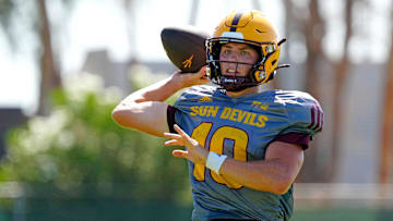 August 15, 2024; Tempe, Ariz., U.S.; ASU quarterback Sam Leavitt (10) throws a pass during practice.