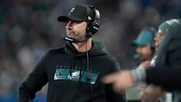 Philadelphia Eagles head coach Nick Sirianni coaches from the sidelines during a Thursday Night Football game between the New York Giants and the Philadelphia Eagles at MetLife Stadium in East Rutherford on Oct. 9, 2025.