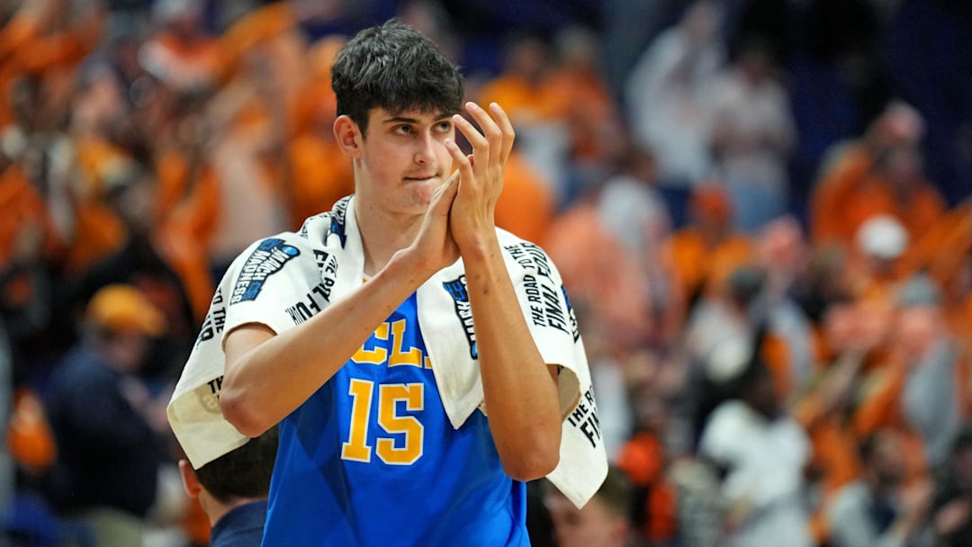 Mar 22, 2025; Lexington, KY, USA; UCLA Bruins center Aday Mara (15) reacts after the game against the Tennessee Volunteers in the second round of the NCAA Tournament at Rupp Arena. Mandatory Credit: Aaron Doster-Imagn Images