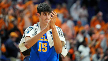 Mar 22, 2025; Lexington, KY, USA; UCLA Bruins center Aday Mara (15) reacts after the game against the Tennessee Volunteers in the second round of the NCAA Tournament at Rupp Arena. Mandatory Credit: Aaron Doster-Imagn Images