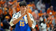 Mar 22, 2025; Lexington, KY, USA; UCLA Bruins center Aday Mara (15) reacts after the game against the Tennessee Volunteers in the second round of the NCAA Tournament at Rupp Arena. Mandatory Credit: Aaron Doster-Imagn Images