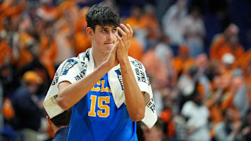 Mar 22, 2025; Lexington, KY, USA; UCLA Bruins center Aday Mara (15) reacts after the game against the Tennessee Volunteers in the second round of the NCAA Tournament at Rupp Arena. Mandatory Credit: Aaron Doster-Imagn Images
