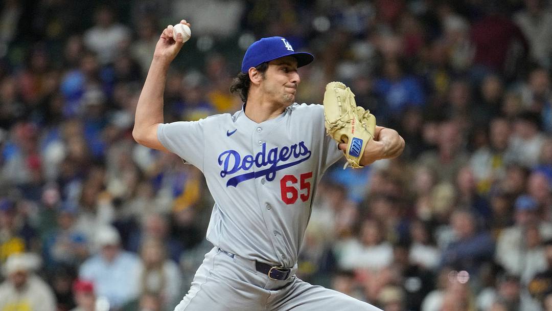 May 22, 2026; Milwaukee, Wisconsin, USA; Los Angeles Dodgers pitcher Paul Gervase (65) delivers a pitch against the Milwaukee Brewers in the sixth inning at American Family Field. Mandatory Credit: Michael McLoone-Imagn Images