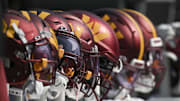 Oct 13, 2024; Baltimore, Maryland, USA;  Washington Commanders helmets like the bench during the firxt half against the Baltimore Ravens at M&T Bank Stadium. Mandatory Credit: Tommy Gilligan-Imagn Images
