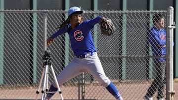 Feb 16, 2024; Mesa, AZ, USA; Chicago Cubs starting pitcher Michael Arias (82) throws in the bullpen during Spring Training camp at Sloan Park. Mandatory Credit: Rick Scuteri-Imagn Images