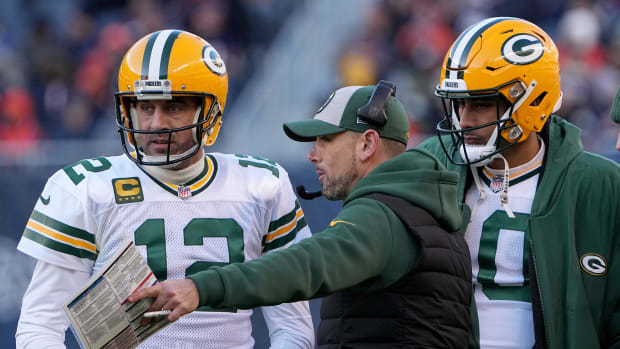 Former Green Bay Packers quarterback Aaron Rodgers and current starter Jordan Love with head coach Matt LaFleur.