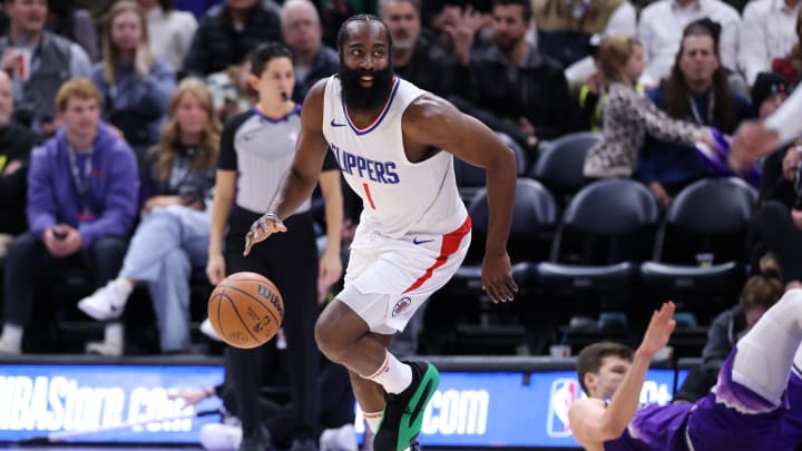 Dec 8, 2023; Salt Lake City, Utah, USA; Los Angeles Clippers guard James Harden (1) brings the ball  up the court against the Utah Jazz during the third quarter at Delta Center. 