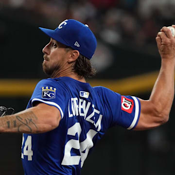 Jul 6, 2025; Phoenix, Arizona, USA; Kansas City Royals pitcher Michael Lorenzen (24) throws against the Arizona Diamondbacks in the first inning at Chase Field. Mandatory Credit: Rick Scuteri-Imagn Images