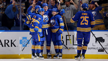 Oct 22, 2024; Buffalo, New York, USA;  Buffalo Sabres center Tage Thompson (72) celebrates his goal with teammates during the third period against the Dallas Stars at KeyBank Center. Mandatory Credit: Timothy T. Ludwig-Imagn Images