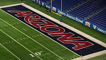Dec 28, 2023; San Antonio, TX, USA; The Arizona Wildcats logo in the end zone at Alamodome. Mandatory Credit: Kirby Lee-Imagn Images