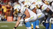 Sep 12, 2021; Landover, Maryland, USA; The Los Angeles Chargers offense lines up against the