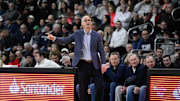 Mar 1, 2025; Providence, Rhode Island, USA; Connecticut Huskies head coach Dan Hurley signals from the sideline during the first half against the Providence Friars at Amica Mutual Pavilion. Mandatory Credit: Eric Canha-Imagn Images