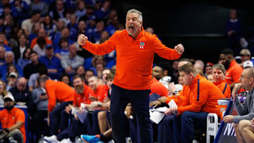 Mar 1, 2025; Lexington, Kentucky, USA; Auburn Tigers head coach Bruce Pearl yells across the court during the second half against the Kentucky Wildcats at Rupp Arena at Central Bank Center. Mandatory Credit: Jordan Prather-Imagn Images