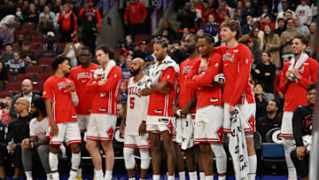 Oct 9, 2025; Chicago, Illinois, USA; The Chicago Bulls bench looks on against the Cleveland Cavaliers during the second half at United Center. Mandatory Credit: Patrick Gorski-Imagn Images