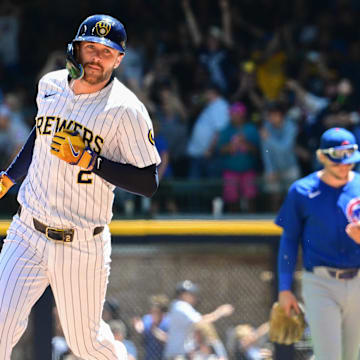 Jun 30, 2024; Milwaukee, Wisconsin, USA;  Milwaukee Brewers second baseman Brice Turang (2) runs the bases after hitting a grand slam home run in the fourth inning against the Chicago Cubs at American Family Field.