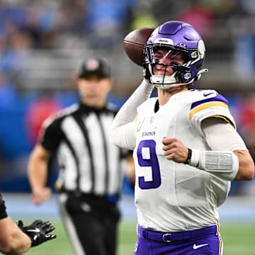 Nov 2, 2025; Detroit, Michigan, USA; Minnesota Vikings quarterback J.J. McCarthy (9) throws the ball during the first quarter against the Minnesota Vikings at Ford Field. Mandatory Credit: Lon Horwedel-Imagn Images