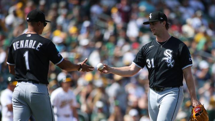 Apr 19, 2026; West Sacramento, California, USA; Chicago White Sox pitcher Grant Taylor (31) hands the ball to Chicago White Sox manager Will Venable (1) as he is taken out during the seventh inning at Sutter Health Park. Mandatory Credit: Scott Marshall-Imagn Images