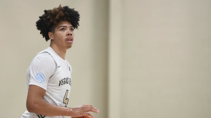 Vegas Elite's Tyran Stokes (4) look to the sidelines during the Vegas Elite and Boo Williams game on the third day of the Peach Jam at Riverview Park Activities Center on July 5, 2023 in North Augusta, S.C. Vegas Elite defeated Boo Williams 71-52.