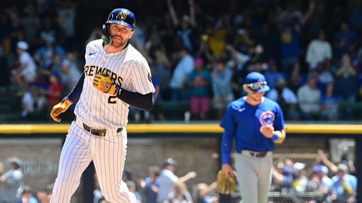 Jun 30, 2024; Milwaukee, Wisconsin, USA;  Milwaukee Brewers second baseman Brice Turang (2) runs the bases after hitting a grand slam home run in the fourth inning against the Chicago Cubs at American Family Field.