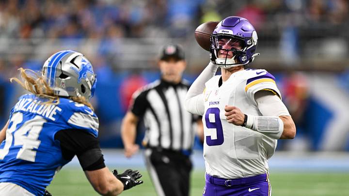 Nov 2, 2025; Detroit, Michigan, USA; Minnesota Vikings quarterback J.J. McCarthy (9) throws the ball during the first quarter against the Minnesota Vikings at Ford Field. Mandatory Credit: Lon Horwedel-Imagn Images