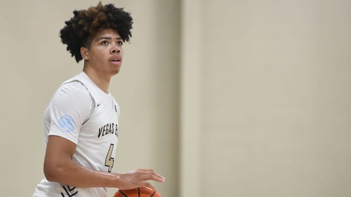 July 5, 2023; North Augusta, S.C., USA; Vegas Elite Tyran Stokes (4) look to the sidelines during the Vegas Elite and Boo Williams game at third day of the Peach Jam in Riverview Park Activities Center. Vegas Elite defeated Boo Williams 71-52. Mandatory Credit: Katie Goodale-USA TODAY Network