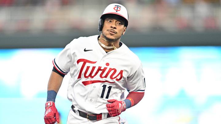 Aug 26, 2023; Minneapolis, Minnesota, USA; Minnesota Twins second baseman Jorge Polanco (11) rounds the bases after hitting a home run during the sixth inning against the Texas Rangers at Target Field. Mandatory Credit: Jeffrey Becker-Imagn Images