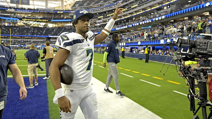 Seattle Seahawks quarterback Geno Smith leaves the field following the game against the Los Angeles Rams at SoFi Stadium. Seattle Seahawks quarterback Geno Smith leaves the field following the game against the Los Angeles Rams at SoFi Stadium.
