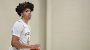 July 5, 2023; North Augusta, S.C., USA; Vegas Elite Tyran Stokes (4) look to the sidelines during the Vegas Elite and Boo Williams game at third day of the Peach Jam in Riverview Park Activities Center. Vegas Elite defeated Boo Williams 71-52. Mandatory Credit: Katie Goodale-USA TODAY Network