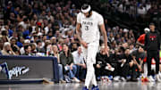 Feb 8, 2025; Dallas, Texas, USA; Dallas Mavericks forward Anthony Davis (3) leaves the game against the Houston Rockets during the third quarter at the American Airlines Center. Mandatory Credit: Jerome Miron-Imagn Images