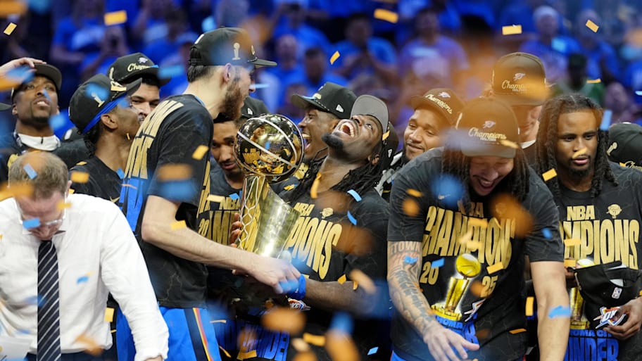 Oklahoma City Thunder guard Luguentz Dort celebrates after winning Game 7 of the 2025 NBA Finals. | Kyle Terada-Imagn Images
