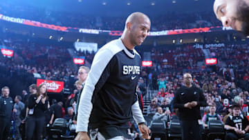 Apr 6, 2025; Portland, Oregon, USA; San Antonio Spurs point guard Chris Paul (3) is introduced before the game against the Portland Trail Blazers at Moda Center. Mandatory Credit: Soobum Im-Imagn Images
