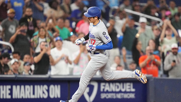 Los Angeles Dodgers designated hitter Shohei Ohtani (17) rounds third base after hitting a home run against the Miami Marlins in the sixth inning at loanDepot Park on May 6. Los Angeles Dodgers designated hitter Shohei Ohtani (17) rounds third base after hitting a home run against the Miami Marlins in the sixth inning at loanDepot Park on May 6.