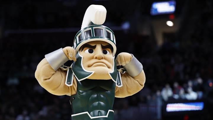 Mar 23, 2025; Cleveland, OH, USA; Michigan State Spartans mascot “Sparty” performs in the first half against the New Mexico Lobos during the NCAA Tournament Second Round at Rocket Arena. Mandatory Credit: Rick Osentoski-Imagn Images