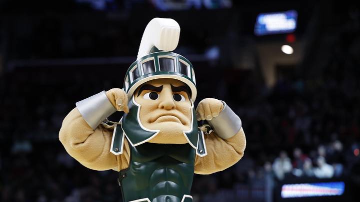 Mar 23, 2025; Cleveland, OH, USA; Michigan State Spartans mascot “Sparty” performs in the first half against the New Mexico Lobos during the NCAA Tournament Second Round at Rocket Arena. Mandatory Credit: Rick Osentoski-Imagn Images