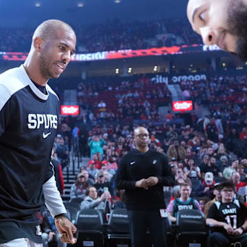 Apr 6, 2025; Portland, Oregon, USA; San Antonio Spurs point guard Chris Paul (3) is introduced before the game against the Portland Trail Blazers at Moda Center. Mandatory Credit: Soobum Im-Imagn Images