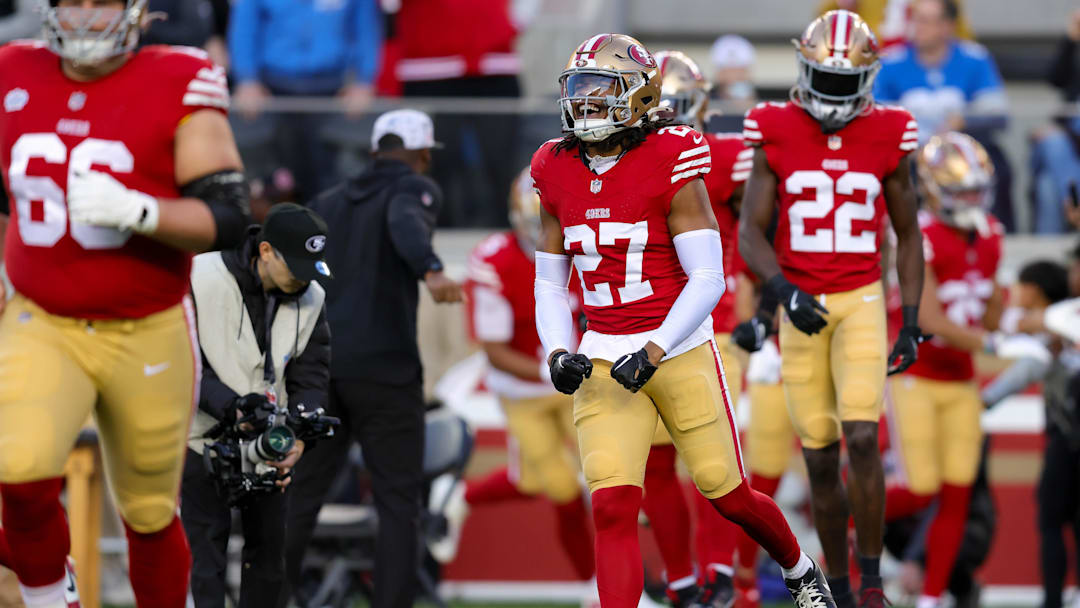 Dec 30, 2024; Santa Clara, California, USA; San Francisco 49ers safety Ji'Ayir Brown (27) before the game against the Detroit Lions at Levi's Stadium. Mandatory Credit: Sergio Estrada-Imagn Images
