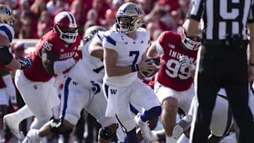 Oct 26, 2024; Bloomington, Indiana, USA; Washington Huskies quarterback Will Rogers III (7) looks to throw the ball during the second quarter of a game against the Indiana Hoosiers at Memorial Stadium. Mandatory Credit: Jacob Musselman-Imagn Images