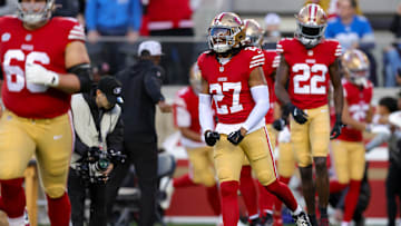 Dec 30, 2024; Santa Clara, California, USA; San Francisco 49ers safety Ji'Ayir Brown (27) before the game against the Detroit Lions at Levi's Stadium. Mandatory Credit: Sergio Estrada-Imagn Images