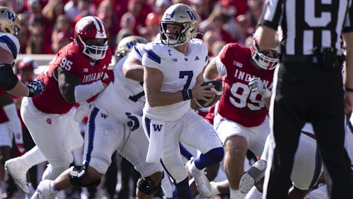 Oct 26, 2024; Bloomington, Indiana, USA; Washington Huskies quarterback Will Rogers III (7) looks to throw the ball during the second quarter of a game against the Indiana Hoosiers at Memorial Stadium. Mandatory Credit: Jacob Musselman-Imagn Images