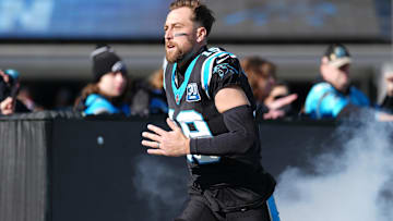 Carolina Panthers wide receiver Adam Thielen (19) takes the field during the first quarter against the Arizona Cardinals at Bank of America Stadium.