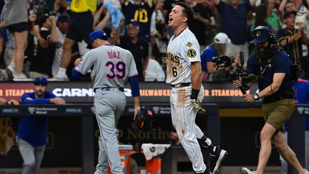 Aug 10, 2025; Milwaukee, Wisconsin, USA;  Milwaukee Brewers left fielder Isaac Collins (6) celebrates after hitting a walk-off home run in the ninth inning against the New York Mets at American Family Field. Mandatory Credit: Benny Sieu-Imagn Images