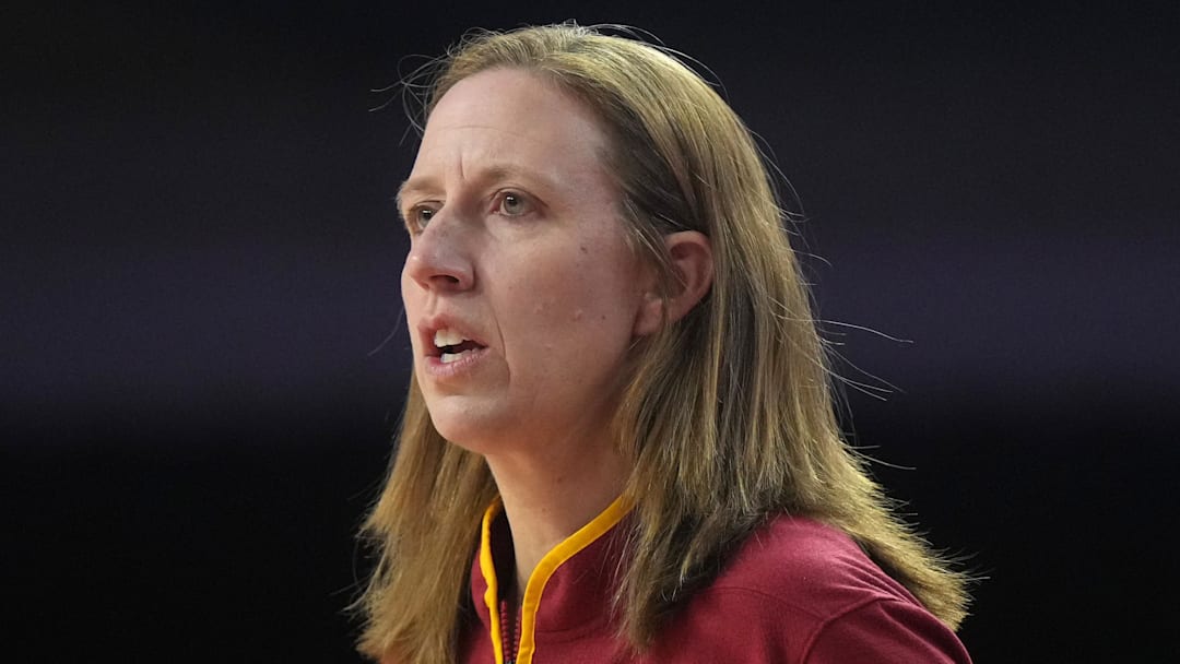 Dec 10, 2024; Los Angeles, California, USA; Southern California Trojans head coach Lindsay Gottlieb reacts in the first half against the Fresno State Bulldogs at Galen Center. USC defeated Fresno State 89-40. Mandatory Credit: Kirby Lee-Imagn Images