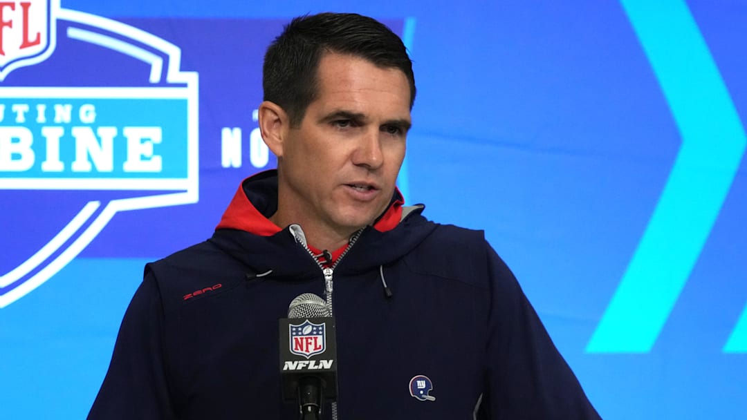 Feb 27, 2024; Indianapolis, IN, USA; New York Giants general manager Joe Schoen speaks during a press conference during the NFL Scouting Combine at Indiana Convention Center. Mandatory Credit: Kirby Lee-Imagn Images