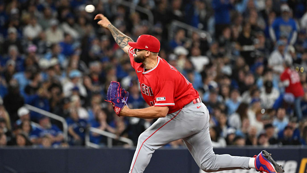 May 8, 2026; Toronto, Ontario, CAN;  Los Angeles Angels relief pitcher Alek Manoah (47) delivers a pitch against the Toronto Blue Jays in the eighth inning at Rogers Centre. Mandatory Credit: Dan Hamilton-Imagn Images