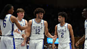 Nov 14, 2025; Durham, North Carolina, USA; Duke Blue Devils forward Cameron Boozer (12) is greeted by teammates after scoring during the second half against the Indiana State Sycamores at Cameron Indoor Stadium. Mandatory Credit: Rob Kinnan-Imagn Images